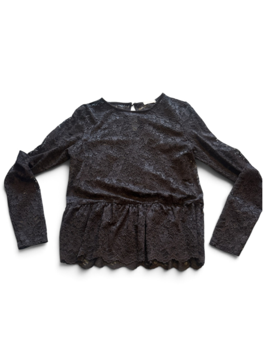 tinywillow Black Lace Peplum Long Sleeve Blouse Size S